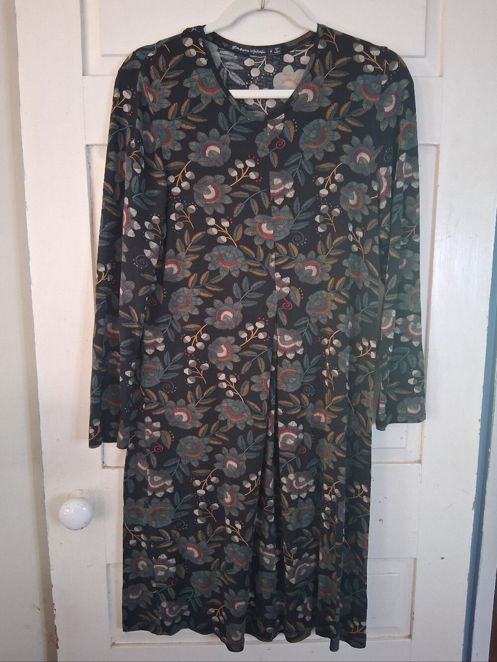 Gudrun Sjoden Black Floral V-Neck Long Sleeve Pullover Dress Sz M